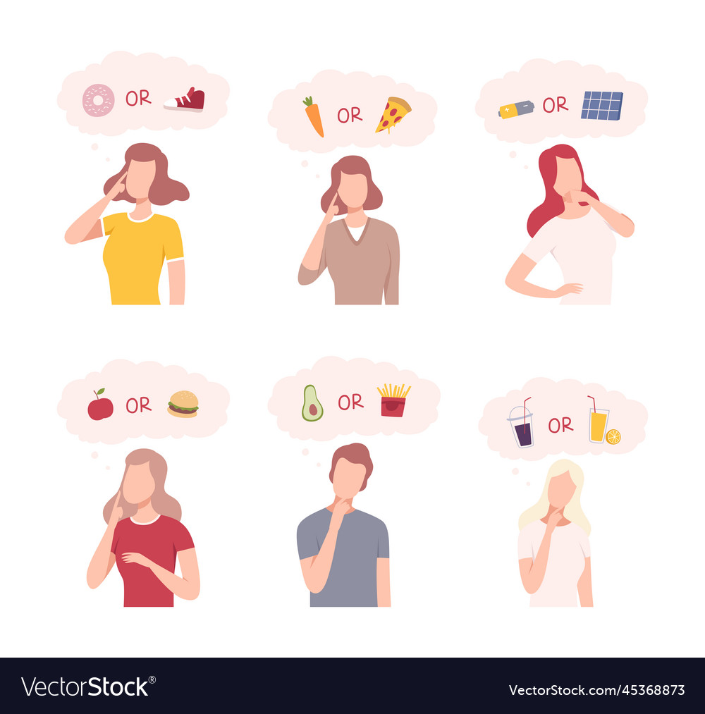Male and female characters making choice between vector image Male and female characters making choice between