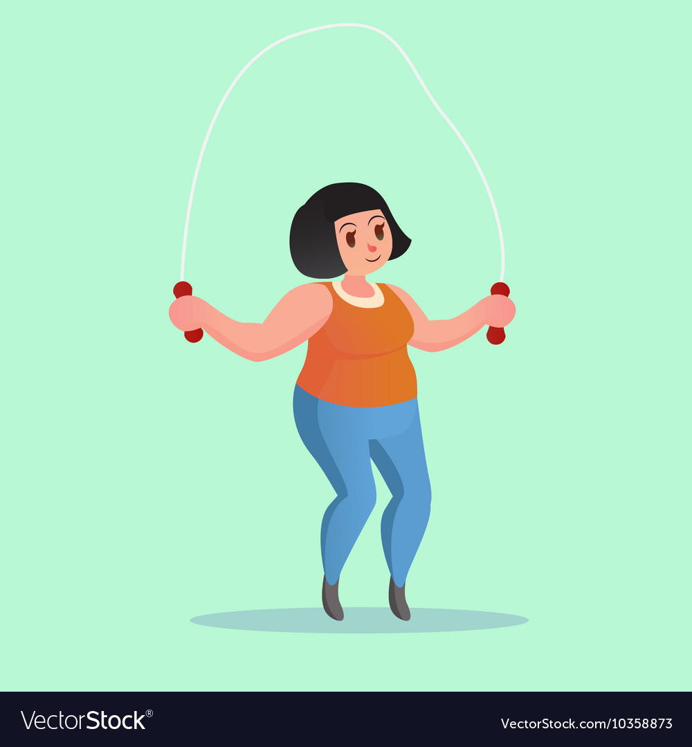 Obese young woman jump rope workout funny cartoon