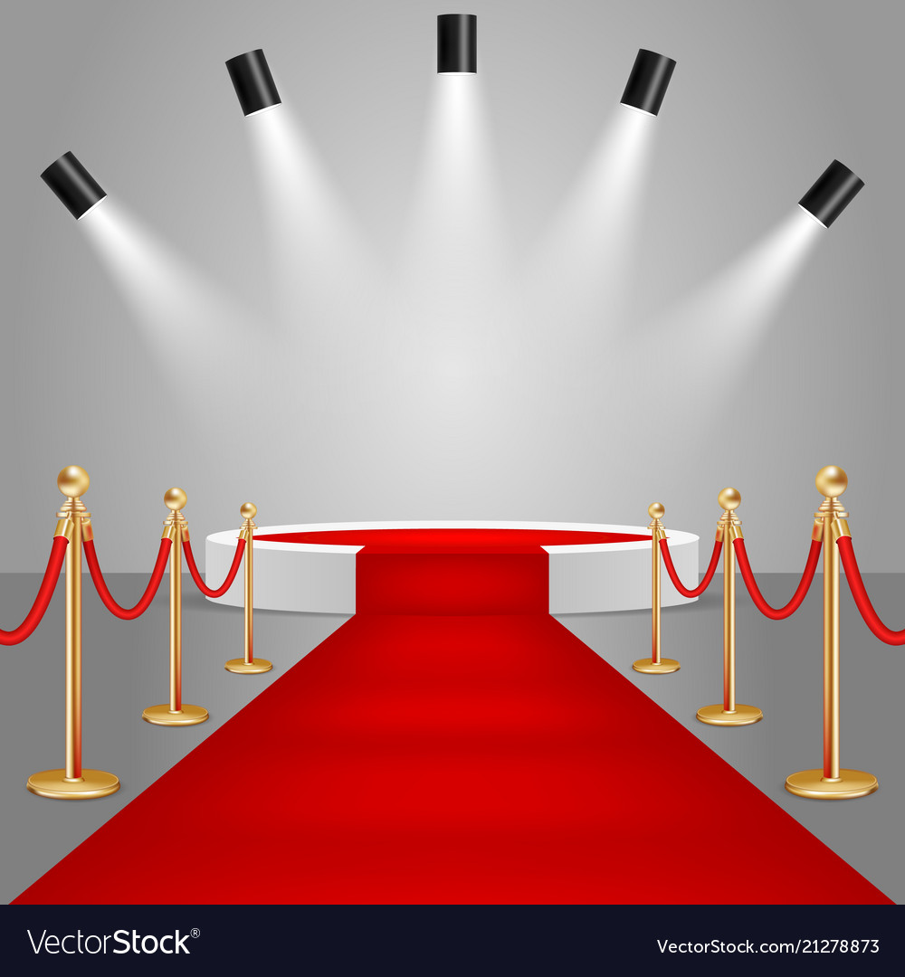 Spotlights And Stage Podium With Red Carpet Vector Image