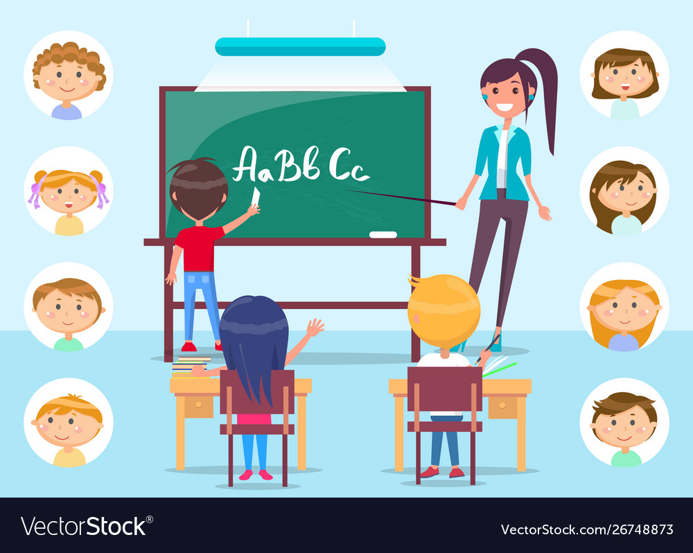 Teacher at lesson pointing on blackboard in class Vector Image