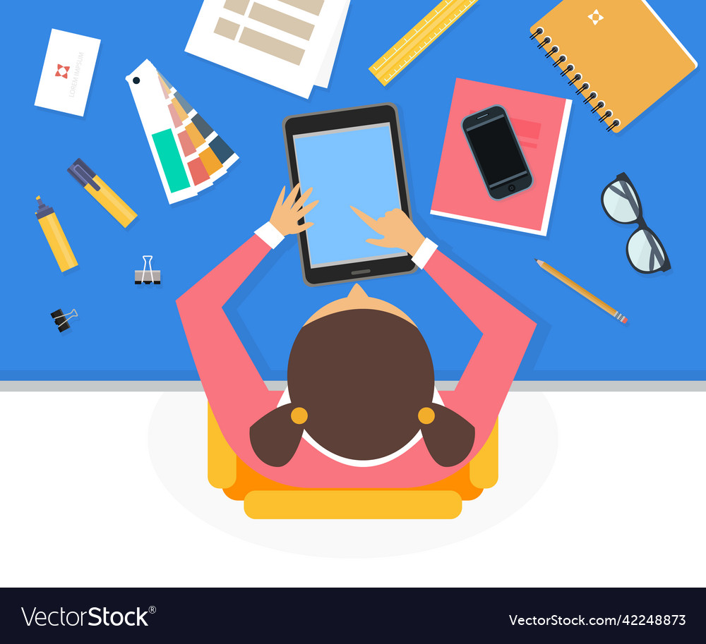 Workspace with girl using tablet pc objects vector image Workspace with girl using tablet pc objects