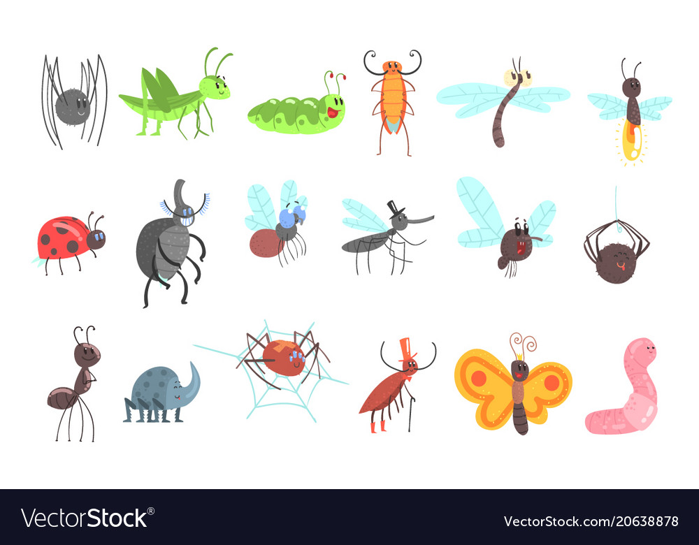 Cute friendly insects set with cartoon bugs Vector Image