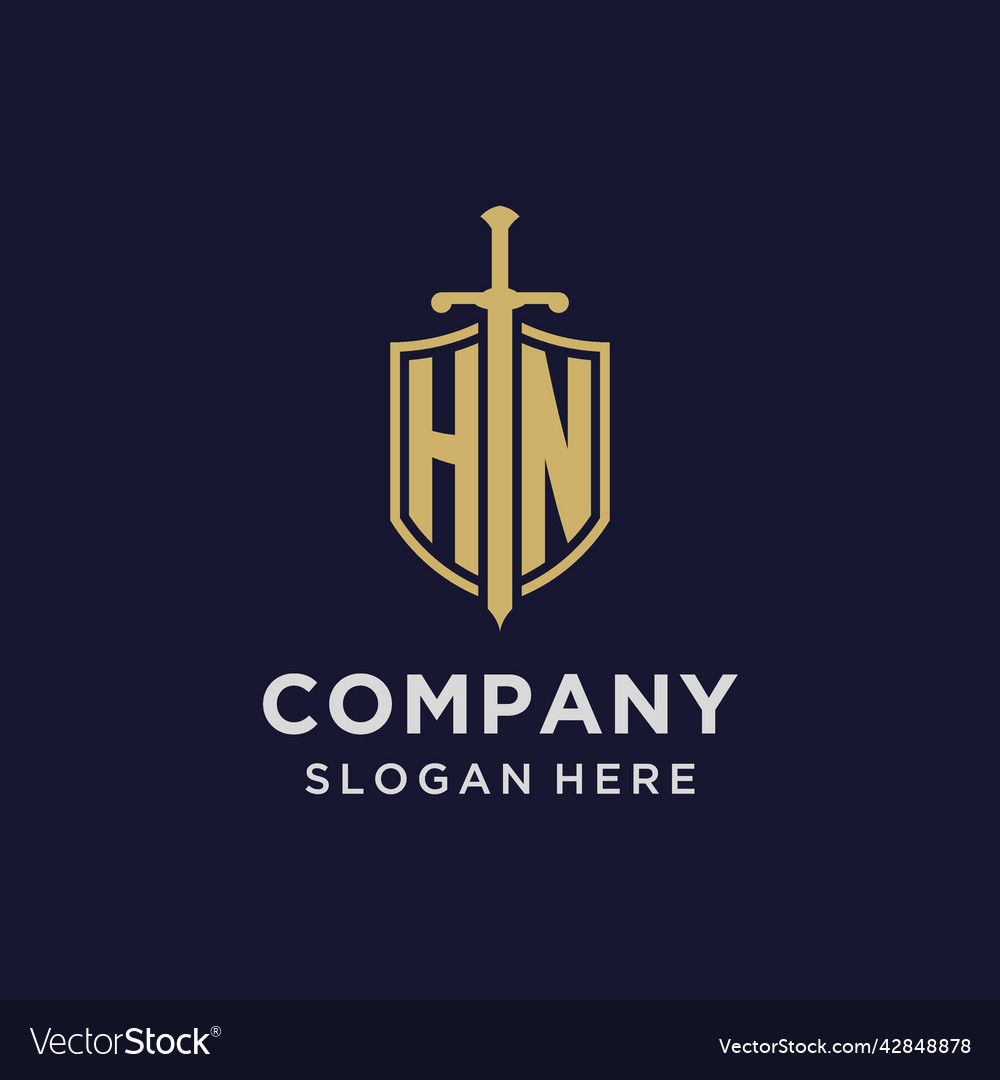 Hn logo initial monogram with shield and sword