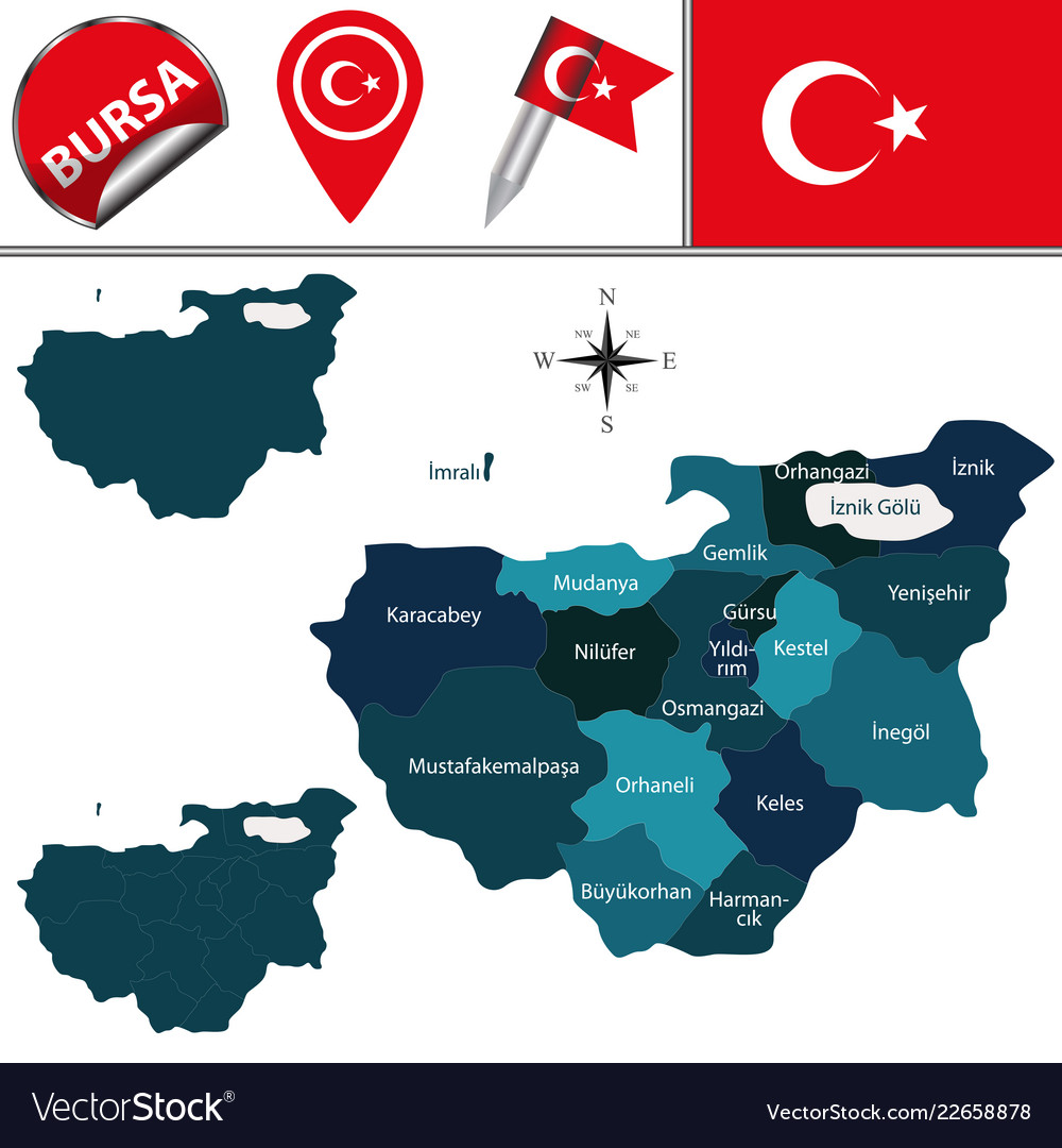 Map of bursa turkey with districts