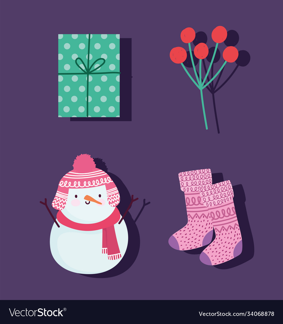 Merry christmas snowman stocking berries and gift