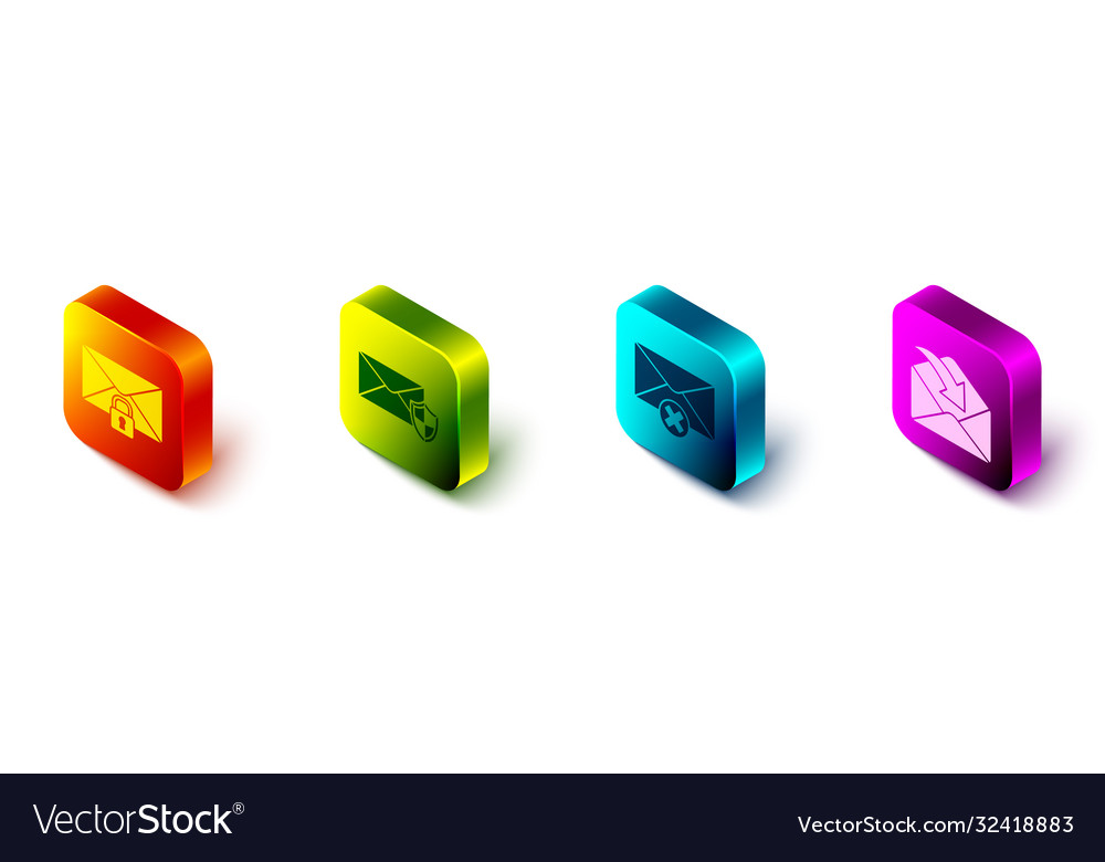 Set isometric mail message lock password envelope vector image Set isometric mail message lock password envelope