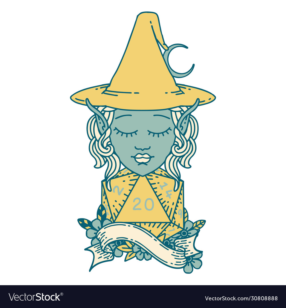 Elf mage character with natural twenty dice roll