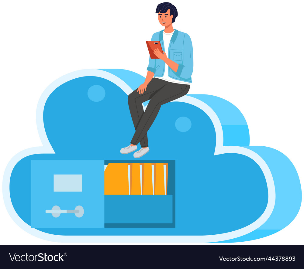 Man using virtual cloud storage program vector image Man using virtual cloud storage program