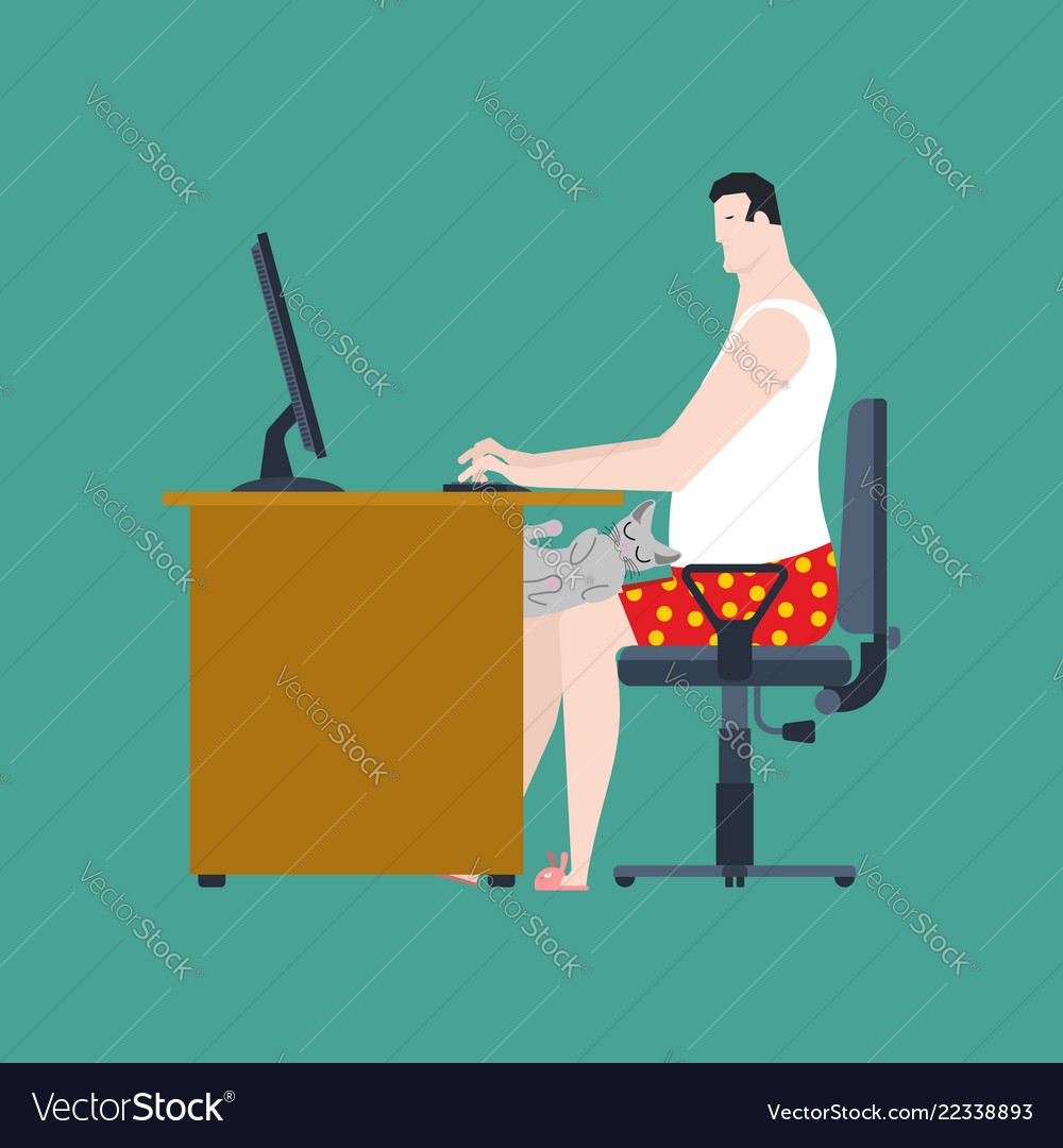 Man Working on Computer with Cat