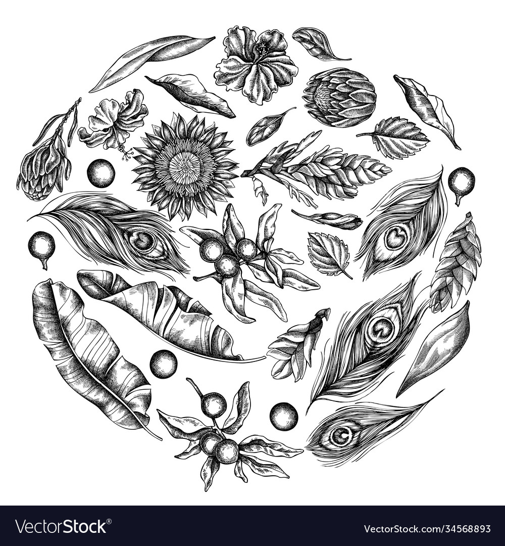 Round floral design with black and white banana vector image Round floral design with black and white banana