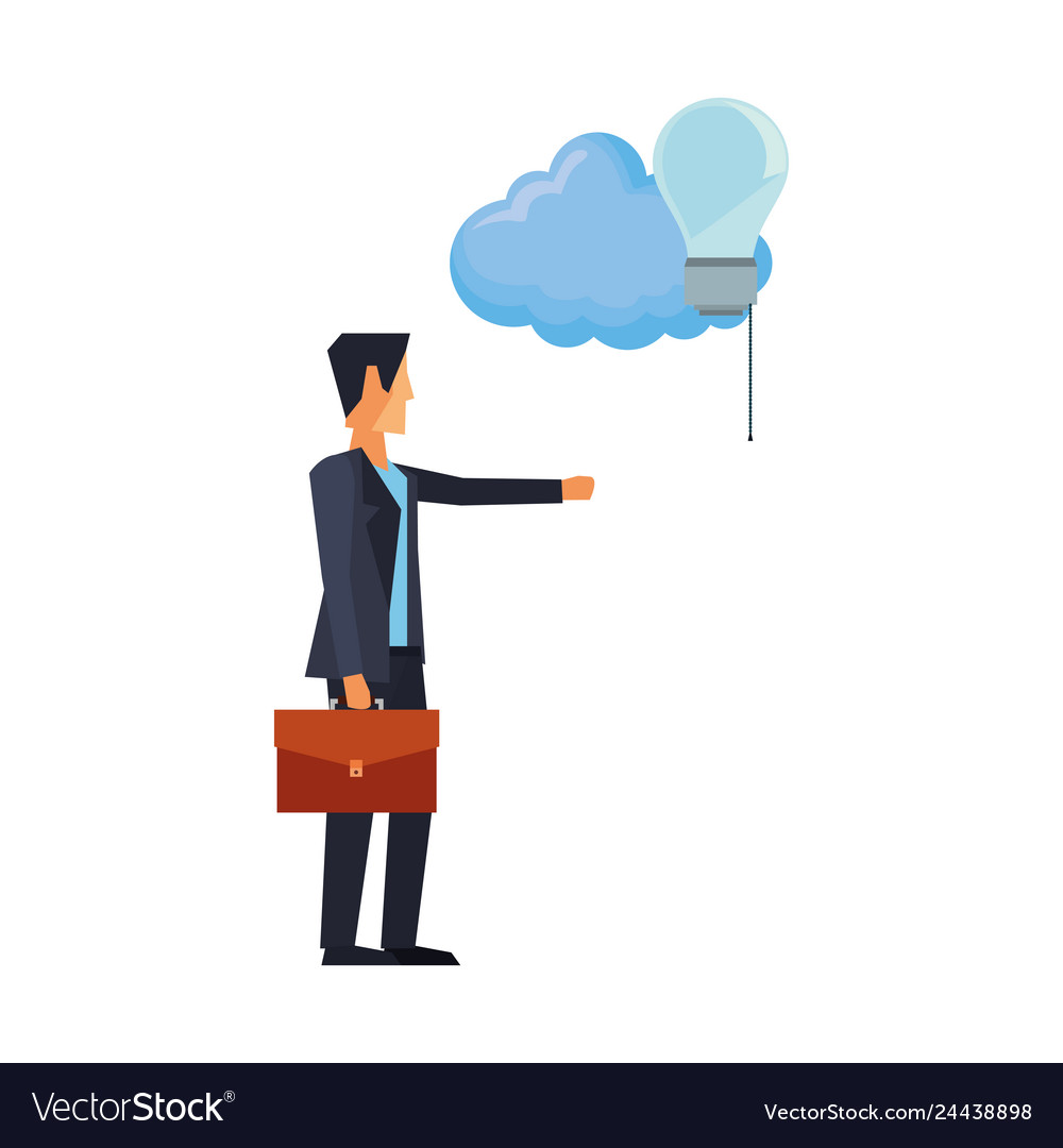 Businessman holding briefcase with cloud and bulb
