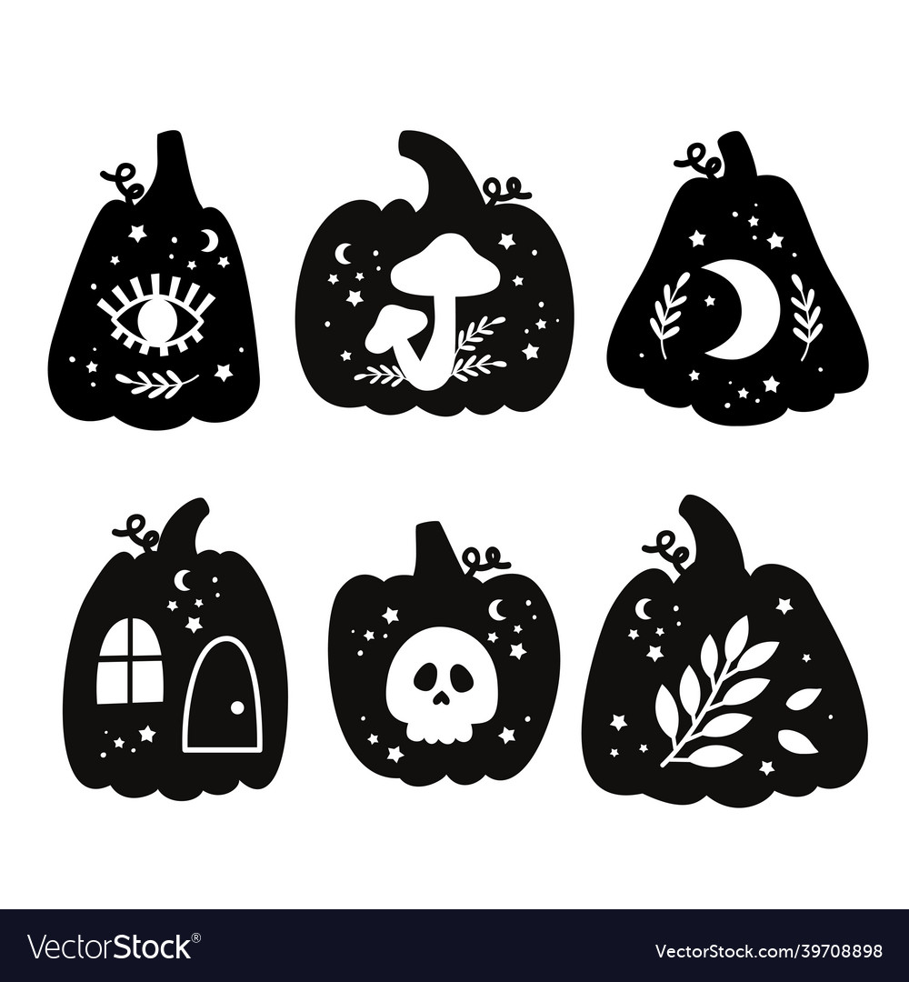 Set of isolated black cute pumpkins vector image Set of isolated black cute pumpkins