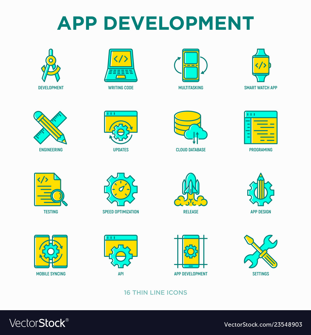 App development thin line icons set vector image App development thin line icons set