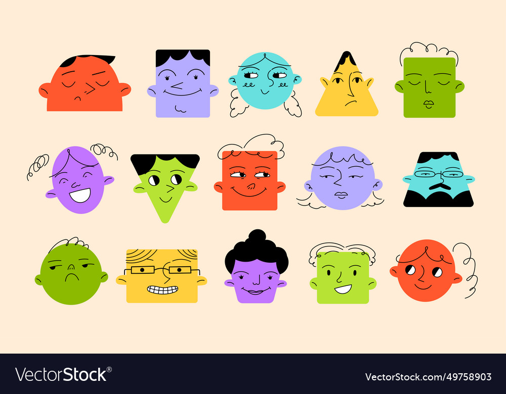 Different emotions and faces in geometric shapes Vector Image