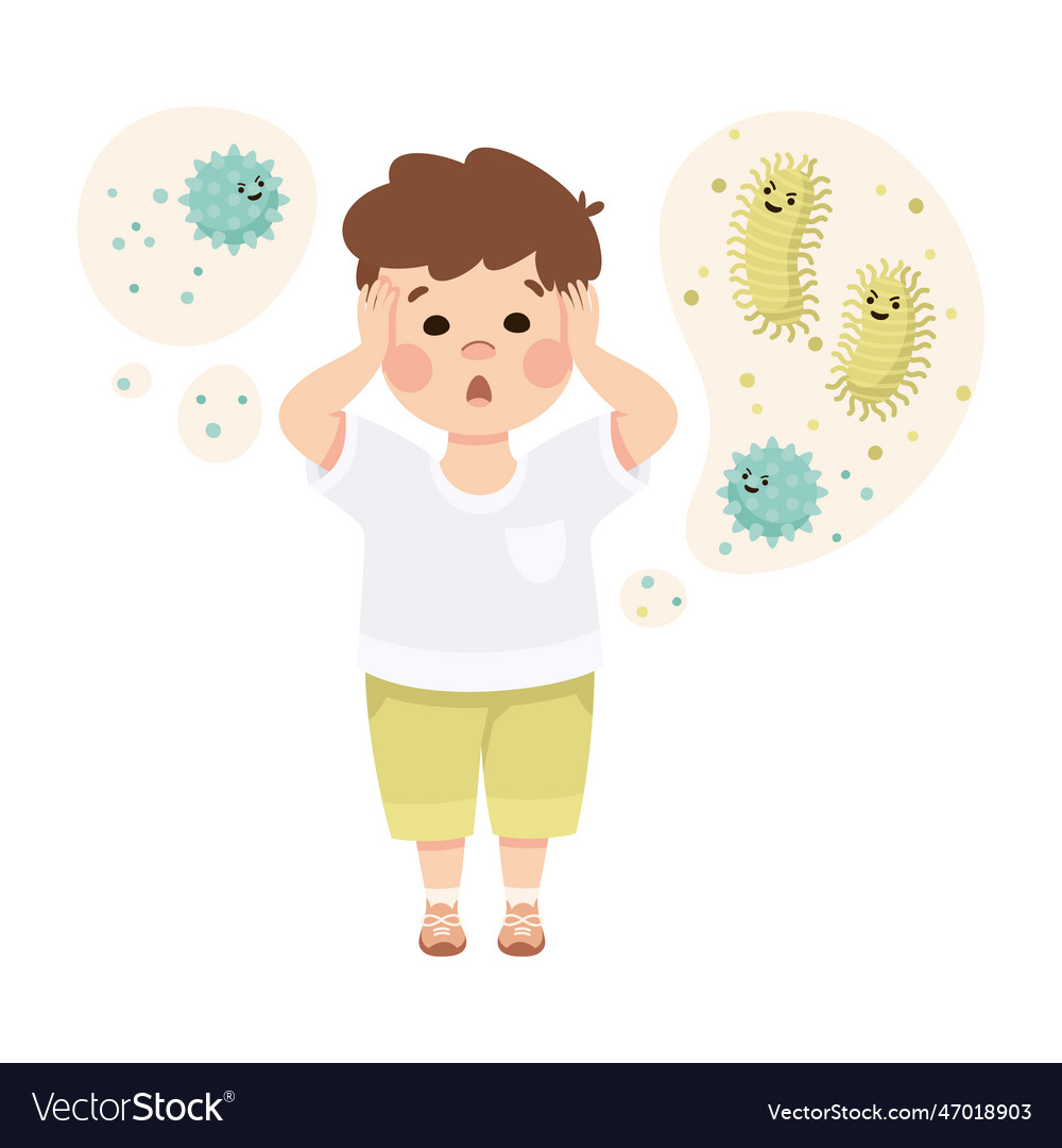 Little boy imagining virus and bacteria in bubble Vector Image