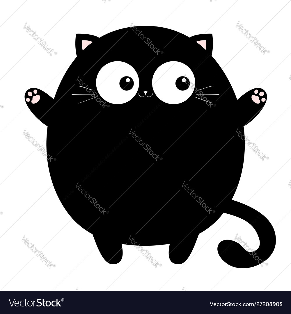 Black Round Fluffy Kitten Icon. Face Head Body, Tail. Cat Fat