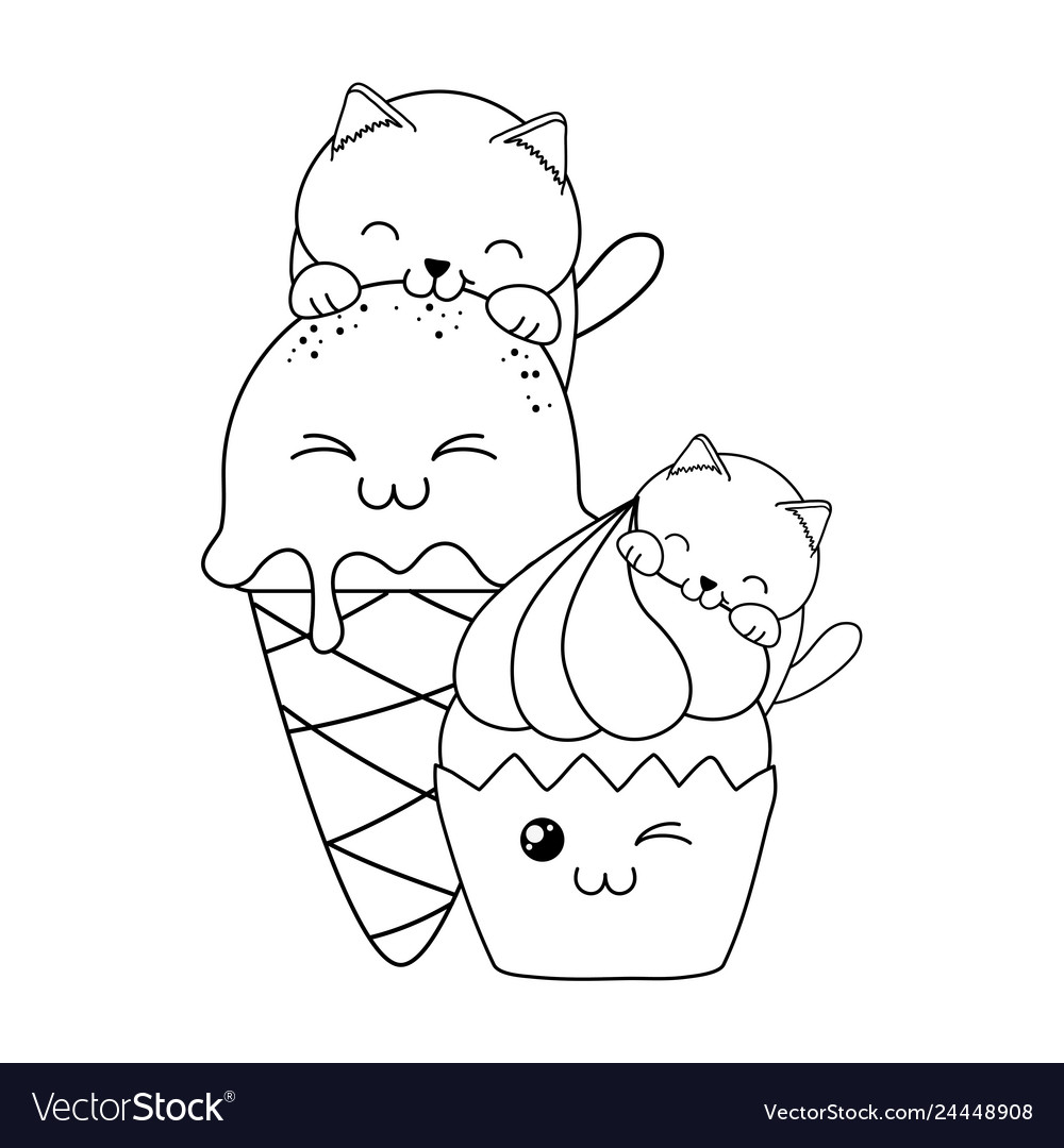 Cute little cats with ice cream and cupcake kawaii