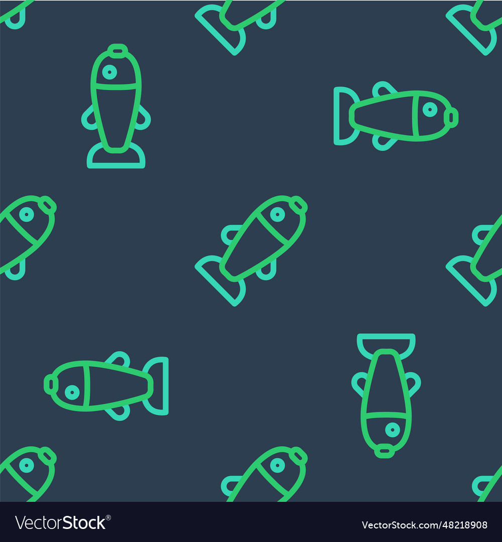 Line fish icon isolated seamless pattern on blue