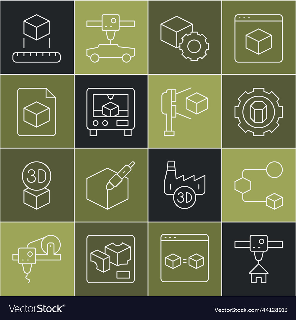 Set line 3d printer house isometric cube setting vector image Set line 3d printer house isometric cube setting