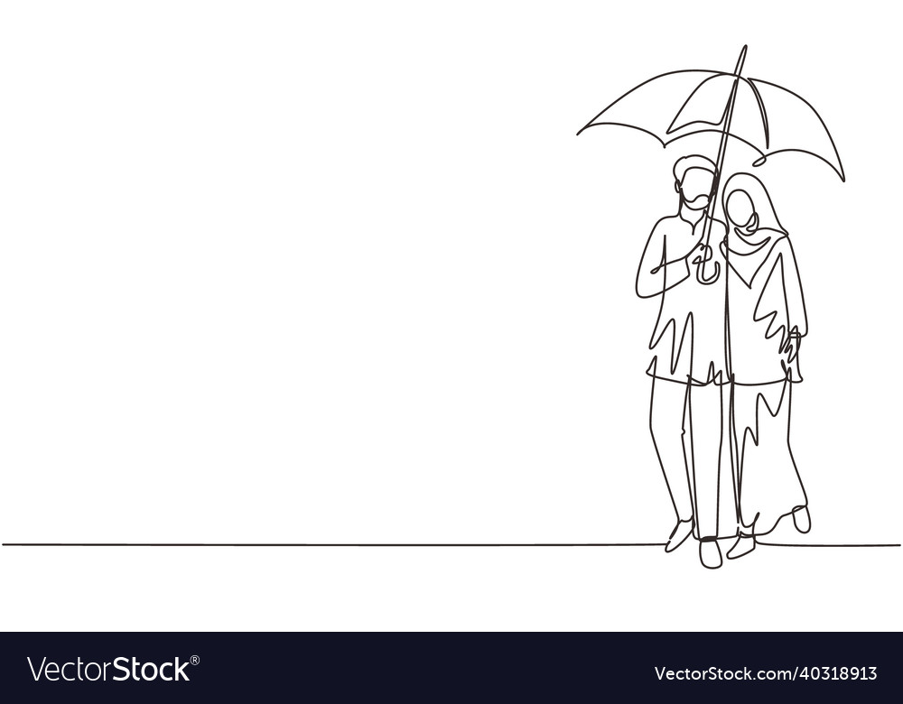 Single Continuous Line Drawing Arabian Couple Man Vector Image