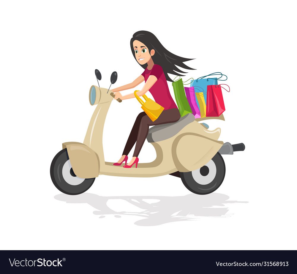 Woman riding a scooter with bags after shopping