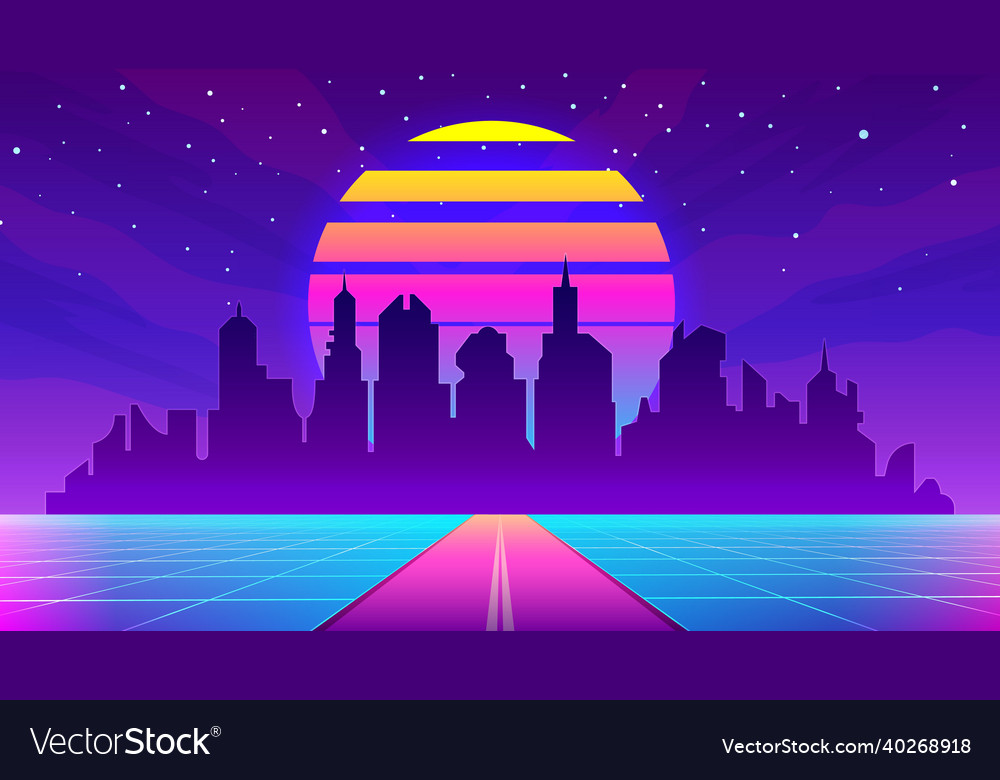 Retro 80s futuristic city landscape with sunset Vector Image