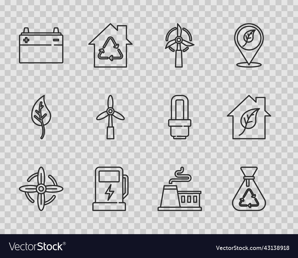 Set line wind turbine garbage bag with recycle vector image Set line wind turbine garbage bag with recycle