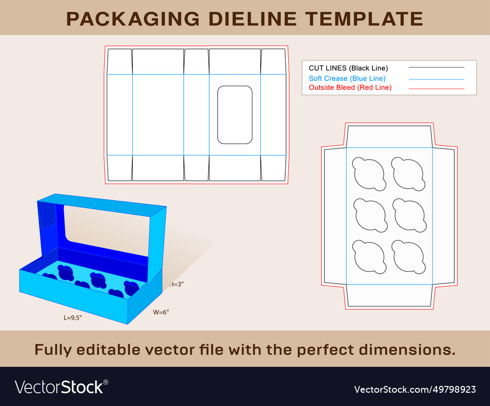 Cupcake box window display 6 holes insert dieline