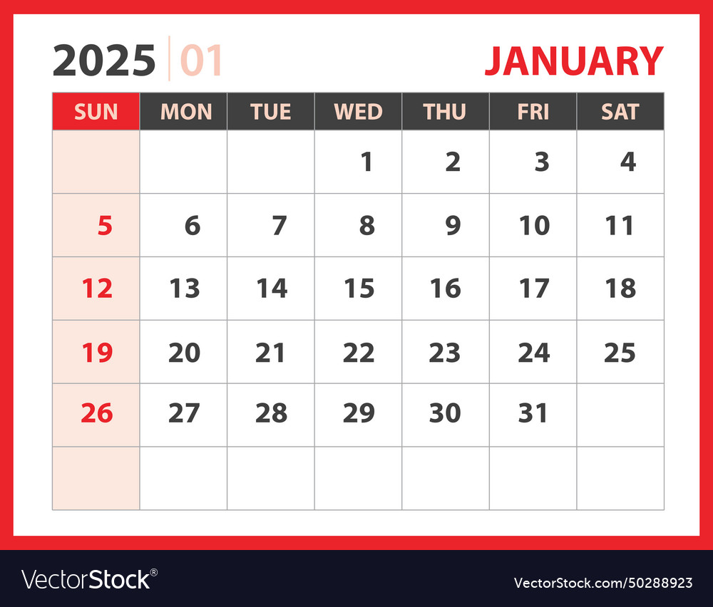 January 2025 template calendar design Royalty Free Vector