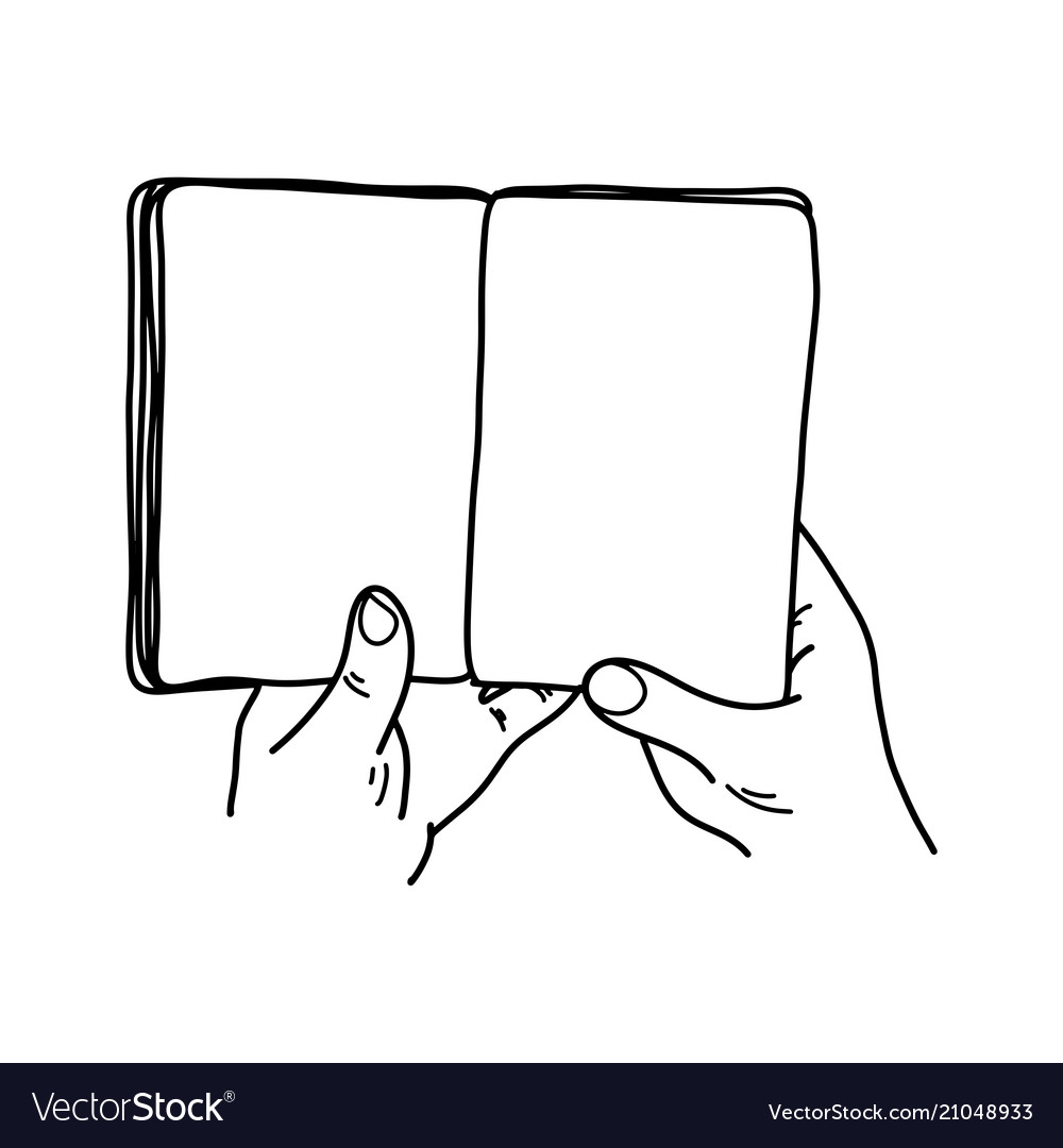 close-up hand holding book with blank pages vector illustration sketch dood...