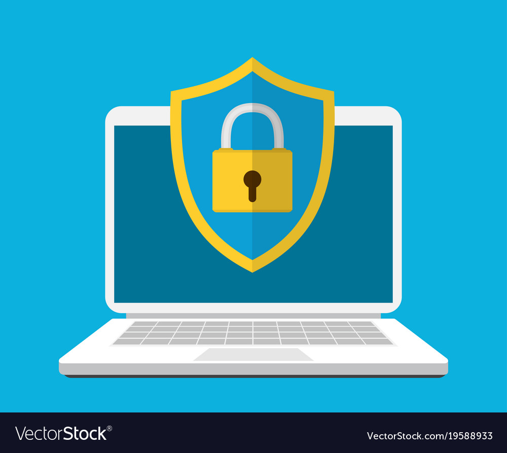 Laptop with shield and lock on table