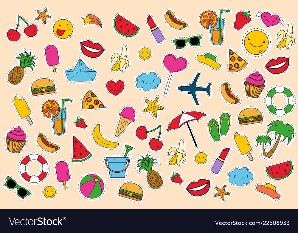 Summer day set of elements clip art sticker vector image Summer day set of elements clip art sticker