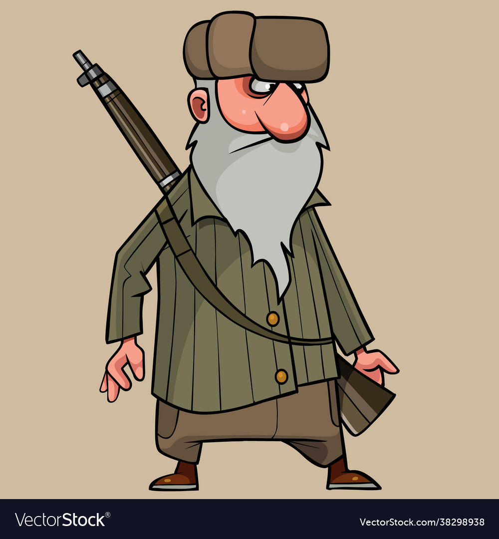 Cartoon grandfather in winter clothes with a rifle