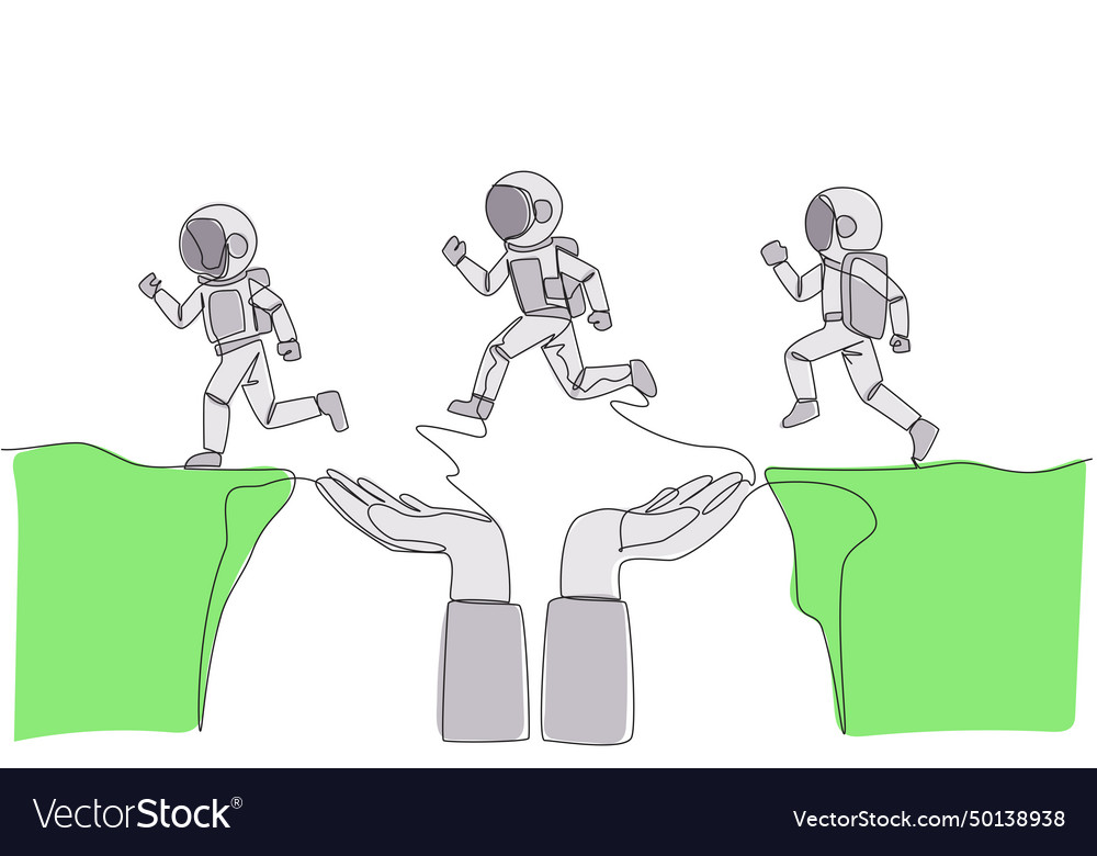 Continuous one line drawing 3 astronauts running