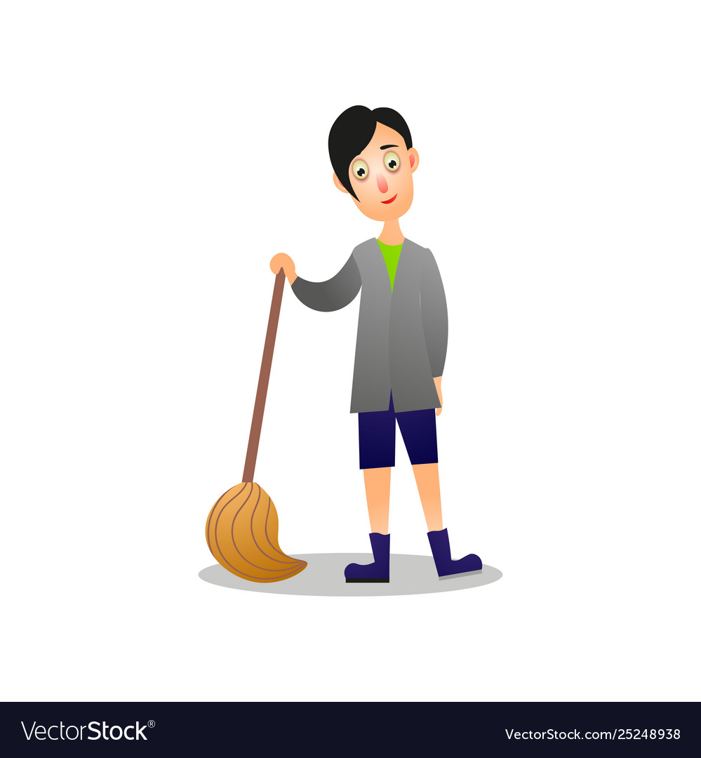 Cute young boy cleaning home floor using broom