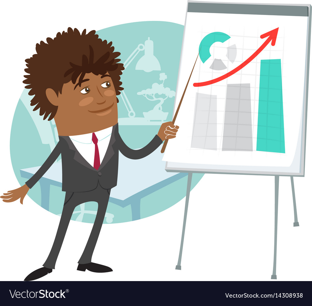 Funny black businessman wearing suit present Vector Image