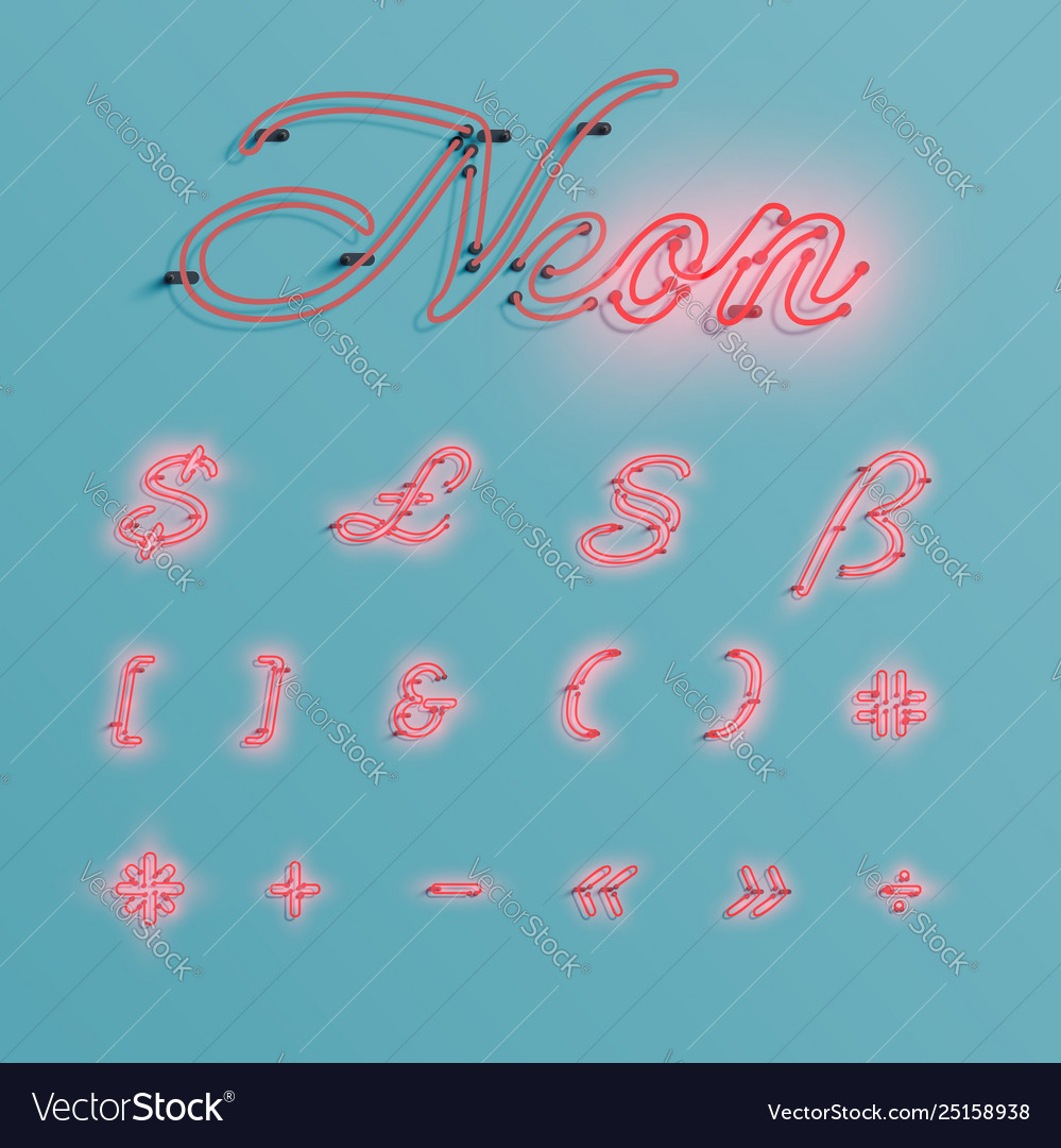 Realistic neon character typeset