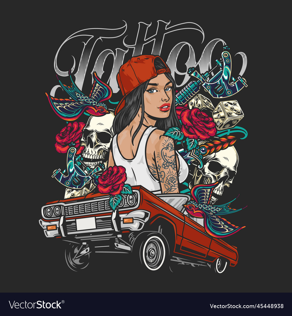 Tattoo cool girl colorful flyer Royalty Free Vector Image