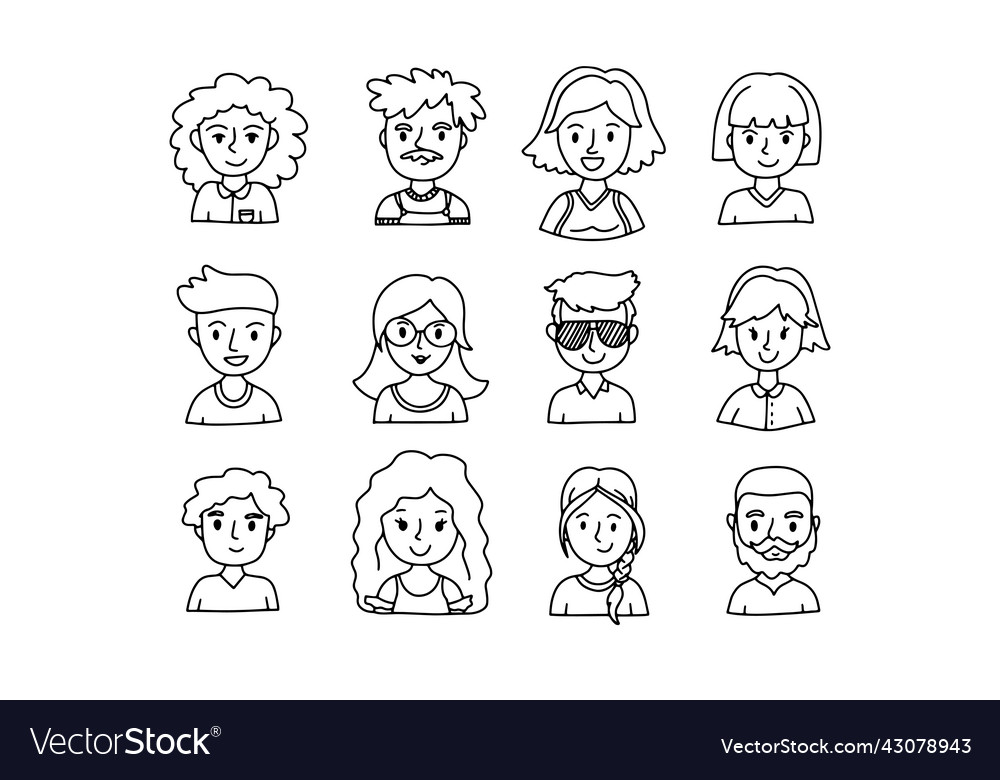 Faces outline doodle people set human avatars Vector Image