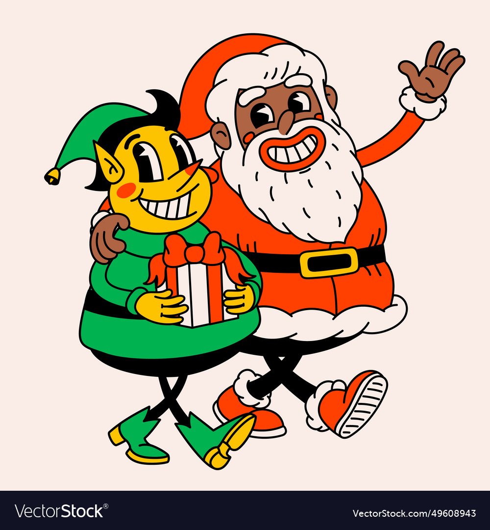 Retro cartoon black santa claus and christmas elf