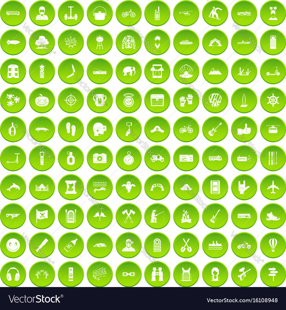 100 adventure icons set green Royalty Free Vector Image