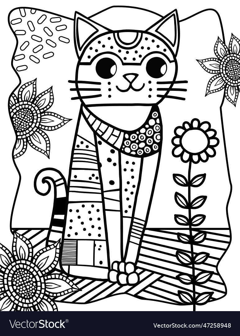 Cute cat doodle coloring page activity Royalty Free Vector