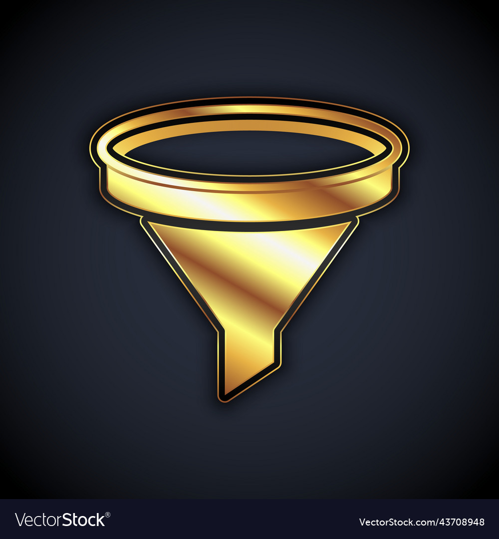 Gold funnel or filter icon isolated on black