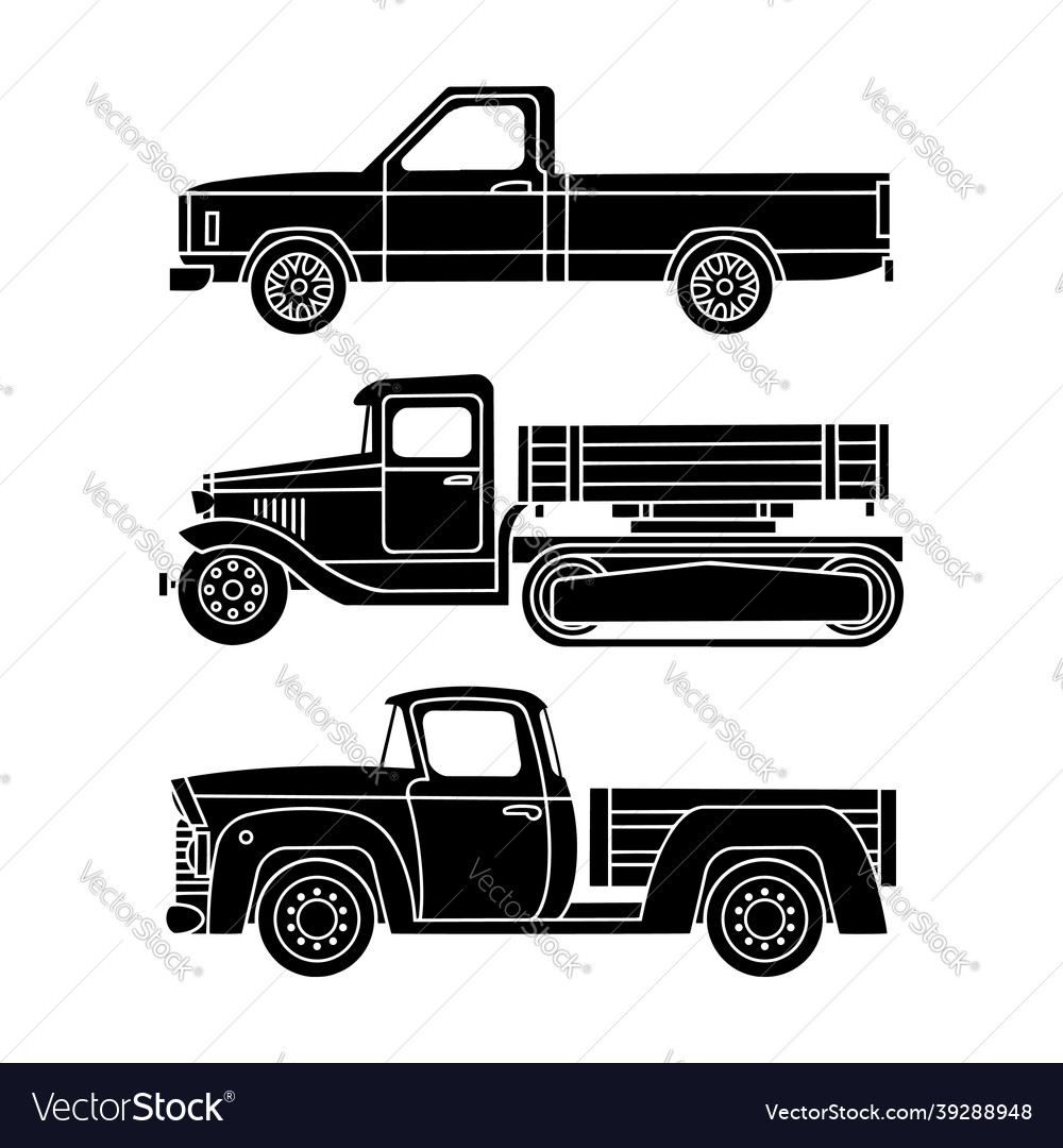 Set of black silhouettes retro trucks