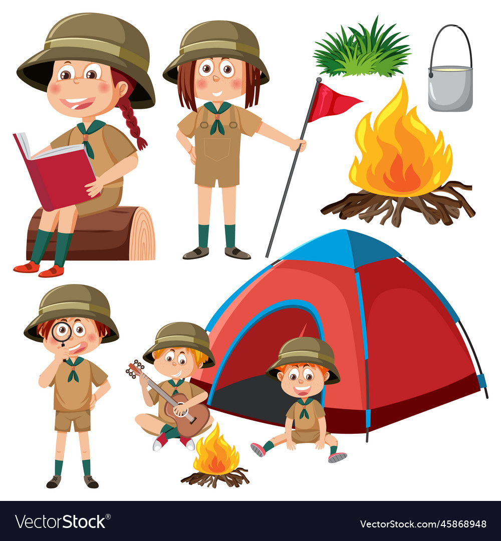 Set of camping kids cartoon character Royalty Free Vector