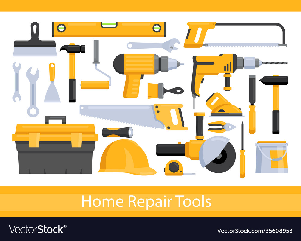 Repair worker tools set yellow hand instrument Vector Image Repair worker tools set yellow hand instrument