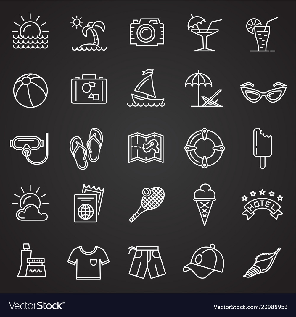 Summer line icons set on black background