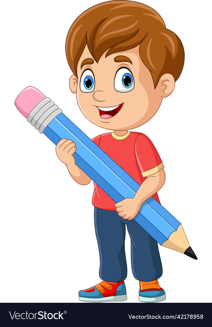 Cartoon boy holding a big pencil Royalty Free Vector Image