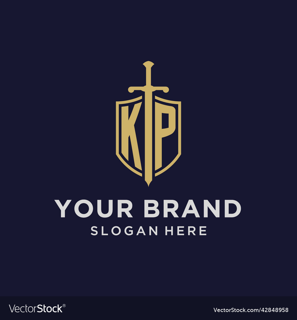 Kp logo initial monogram with shield and sword