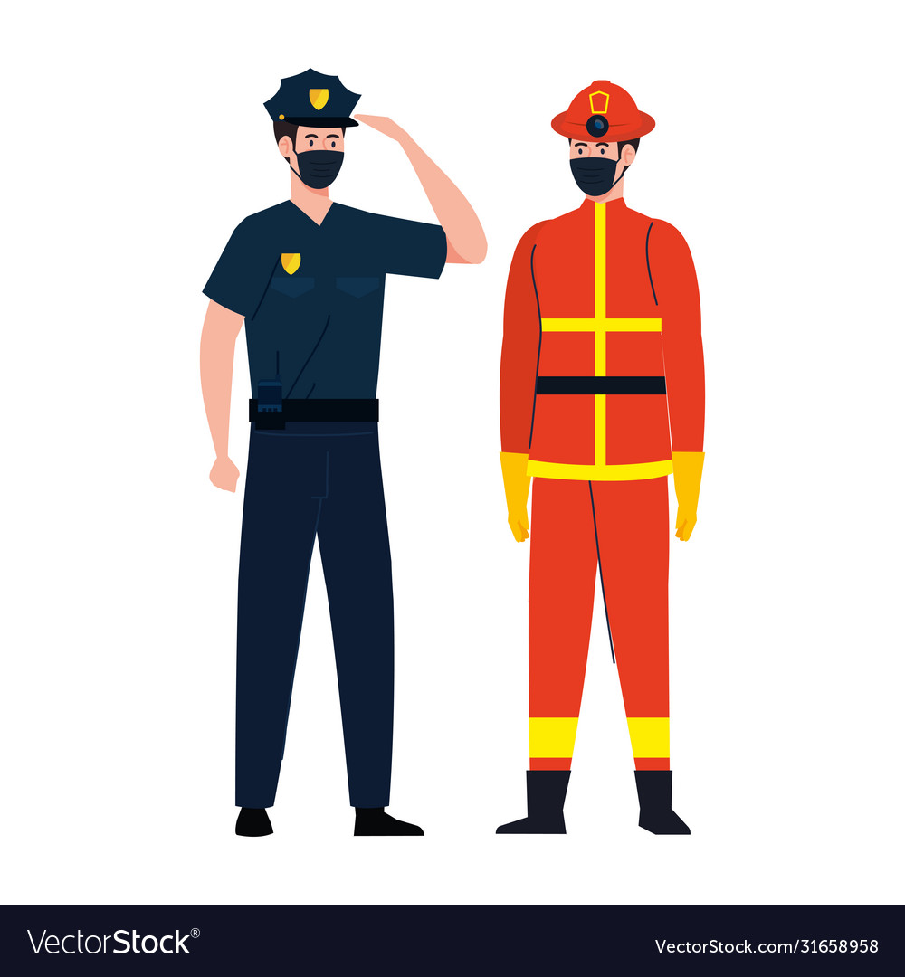 Male firefighter and police with masks